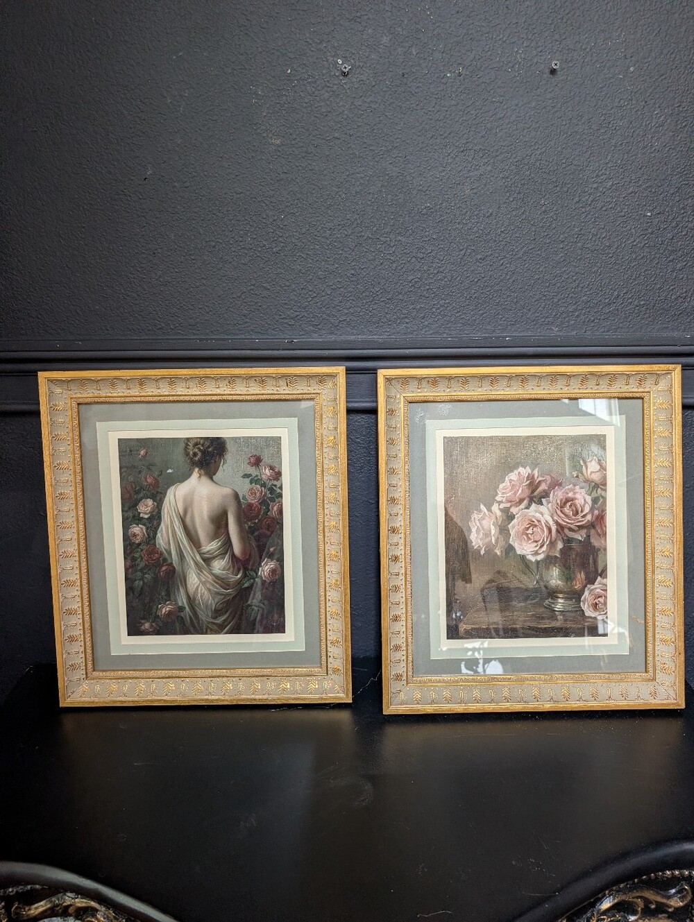 Vintage Gold Ornate Wood Resin Frames with Moody Victorian/Floral Prints, 16.5"
